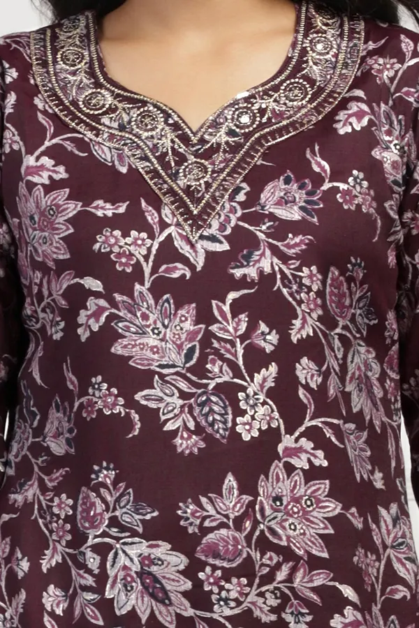 Wine_Cotton_Floral_Printed_Calf_Length_Kurta_And_Pant_With_Dupatta_Set