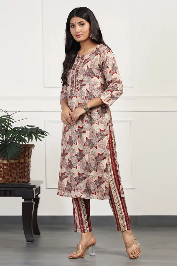 Maroon_Cotton_Floral_Printed_Calf_Length_Kurta_With_Pant_Set