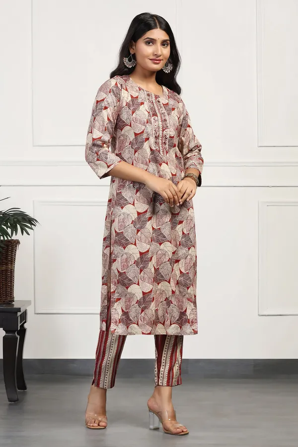 Maroon_Cotton_Floral_Printed_Calf_Length_Kurta_With_Pant_Set