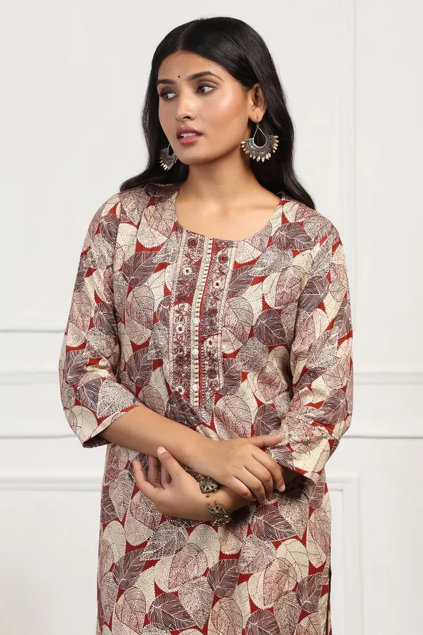 Maroon_Cotton_Floral_Printed_Calf_Length_Kurta_With_Pant_Set