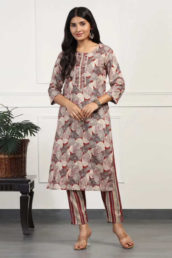 Maroon_Cotton_Floral_Printed_Calf_Length_Kurta_With_Pant_Set