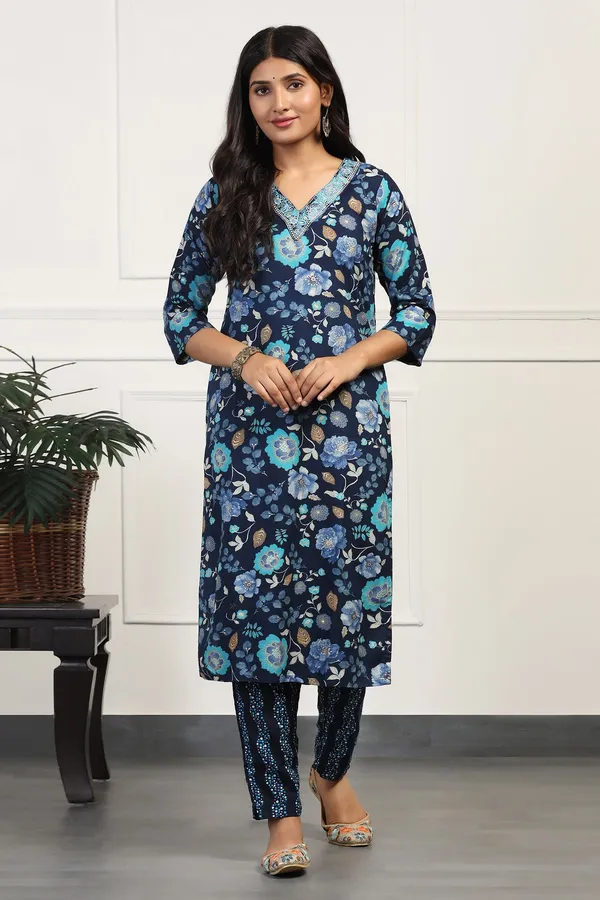Blue_Cotton_All-Over_Printed_Calf_Length_Kurta_With_Pant_Set