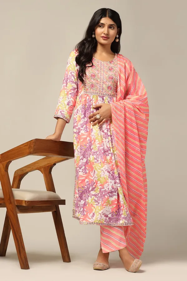 Peach_Cotton_All-Over_Printed_Calf_Length_Kurta_And_Pant_With_Dupatta_Set
