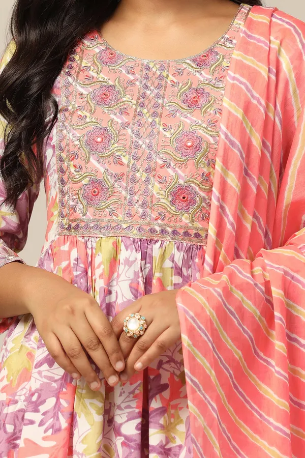 Peach_Cotton_All-Over_Printed_Calf_Length_Kurta_And_Pant_With_Dupatta_Set