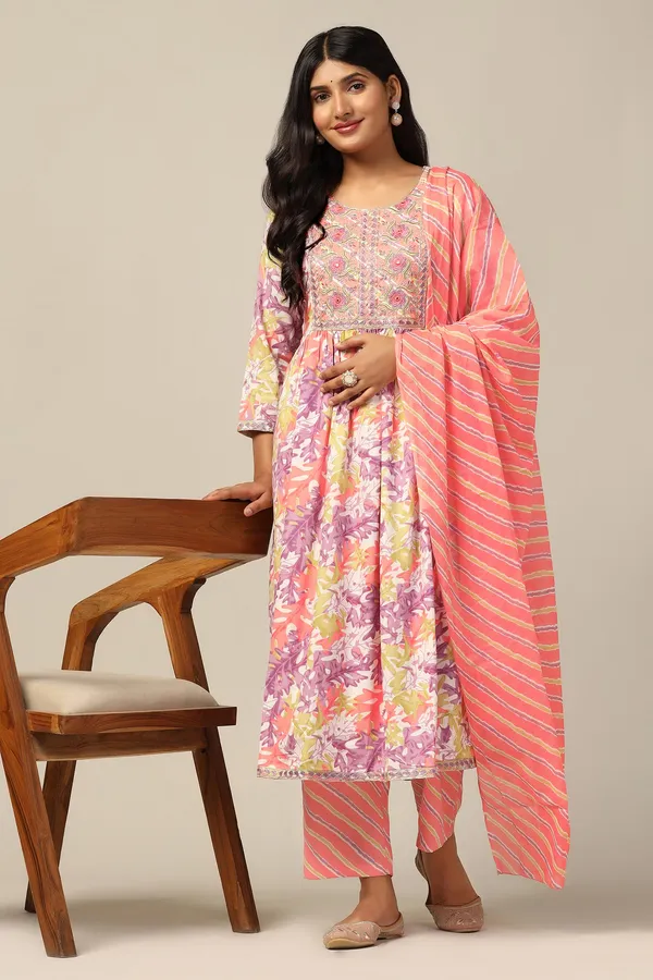Peach_Cotton_All-Over_Printed_Calf_Length_Kurta_And_Pant_With_Dupatta_Set