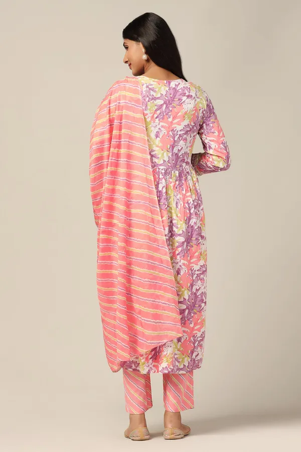 Peach_Cotton_All-Over_Printed_Calf_Length_Kurta_And_Pant_With_Dupatta_Set