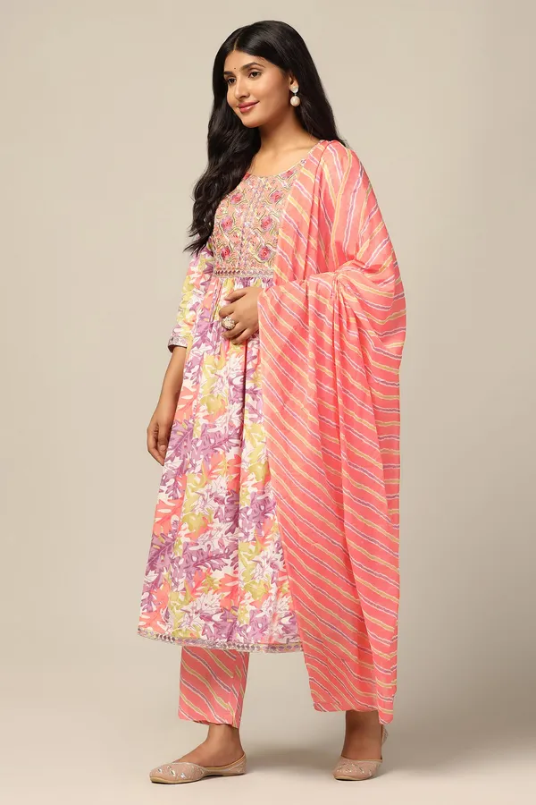 Peach_Cotton_All-Over_Printed_Calf_Length_Kurta_And_Pant_With_Dupatta_Set