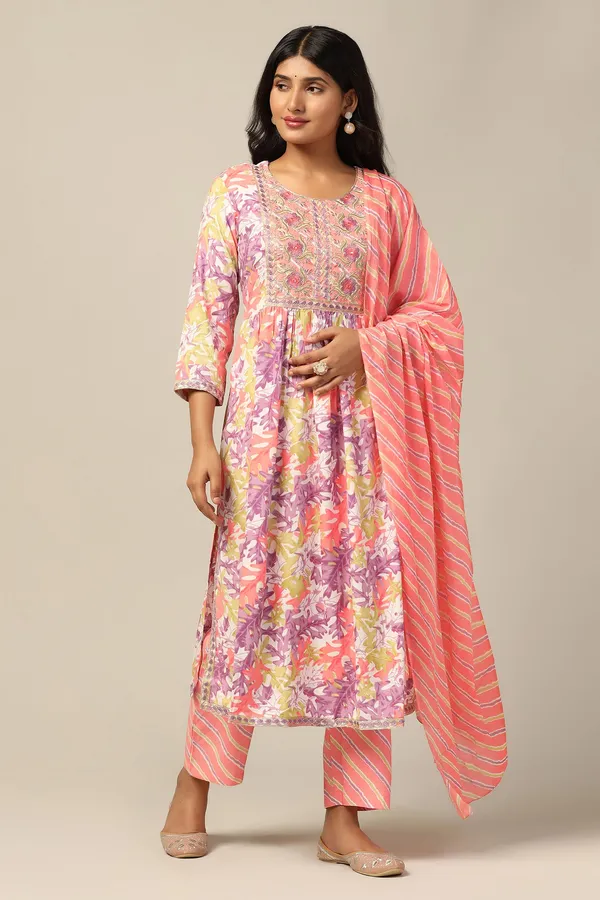 Peach_Cotton_All-Over_Printed_Calf_Length_Kurta_And_Pant_With_Dupatta_Set