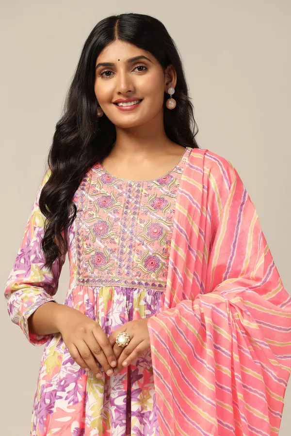 Peach_Cotton_All-Over_Printed_Calf_Length_Kurta_And_Pant_With_Dupatta_Set