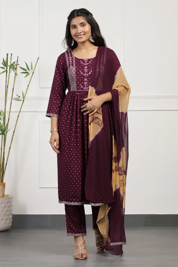 Wine_Cotton_Foil_Printed_Calf_Length_Kurta_And_Pant_With_Dupatta_Set