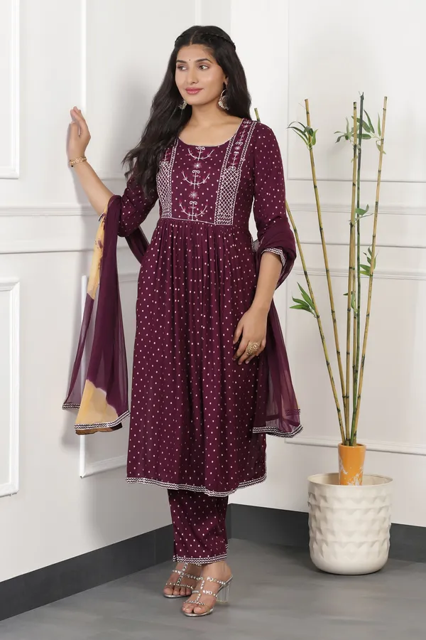 Wine_Cotton_Foil_Printed_Calf_Length_Kurta_And_Pant_With_Dupatta_Set