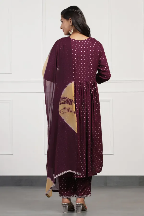 Wine_Cotton_Foil_Printed_Calf_Length_Kurta_And_Pant_With_Dupatta_Set