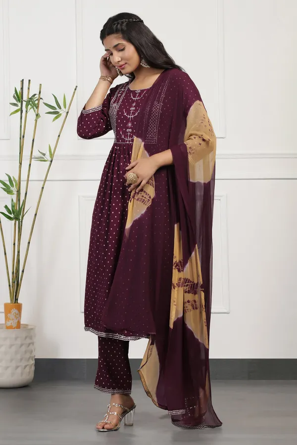 Wine_Cotton_Foil_Printed_Calf_Length_Kurta_And_Pant_With_Dupatta_Set