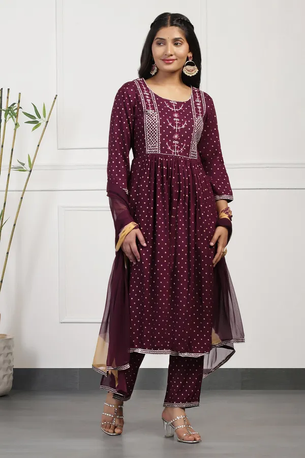 Wine_Cotton_Foil_Printed_Calf_Length_Kurta_And_Pant_With_Dupatta_Set