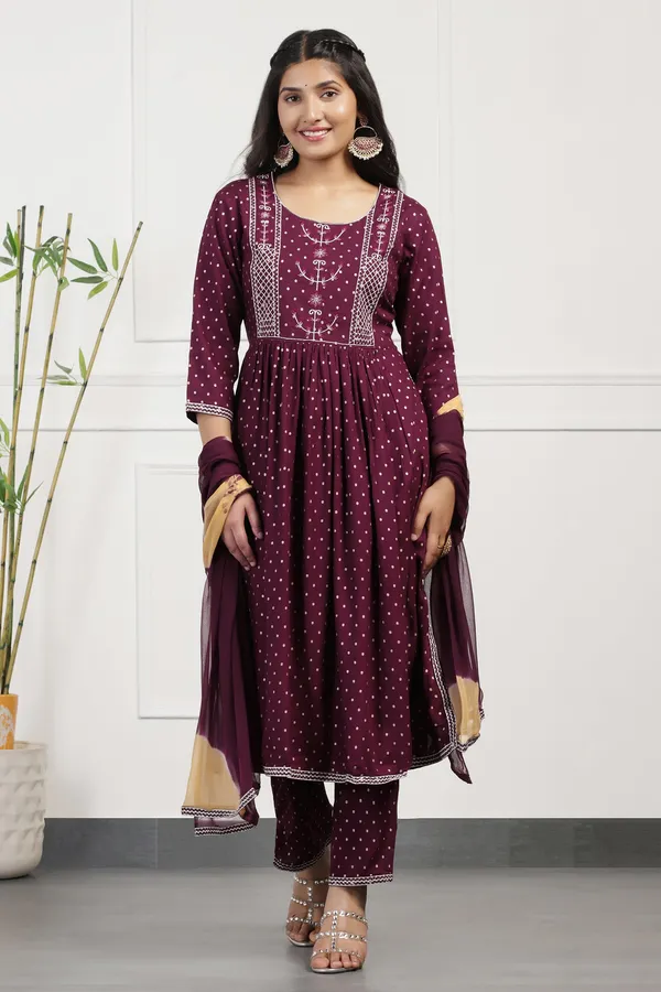 Wine_Cotton_Foil_Printed_Calf_Length_Kurta_And_Pant_With_Dupatta_Set