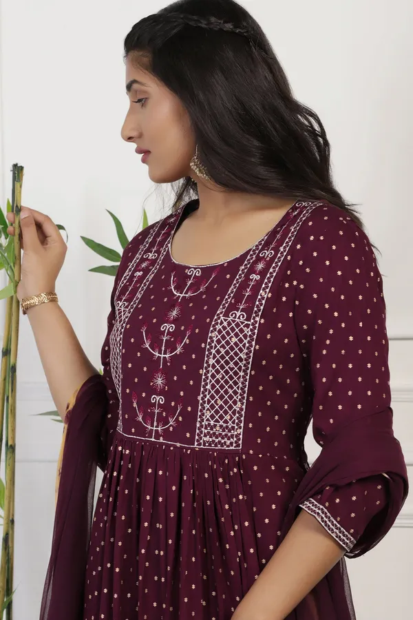 Wine_Cotton_Foil_Printed_Calf_Length_Kurta_And_Pant_With_Dupatta_Set