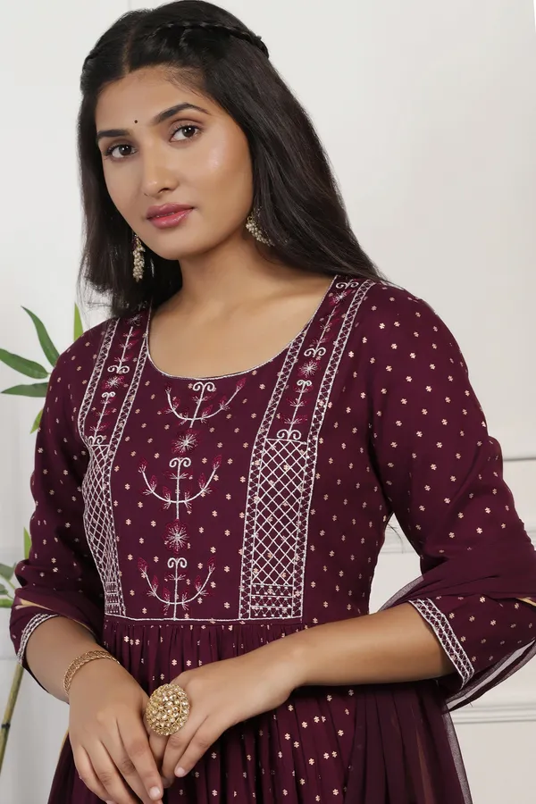 Wine_Cotton_Foil_Printed_Calf_Length_Kurta_And_Pant_With_Dupatta_Set