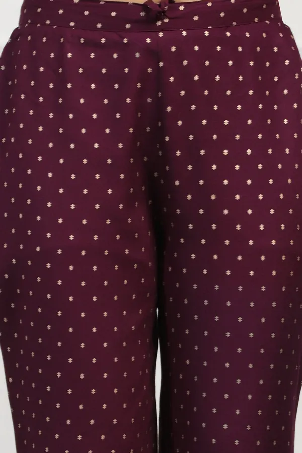 Wine_Cotton_Foil_Printed_Calf_Length_Kurta_And_Pant_With_Dupatta_Set
