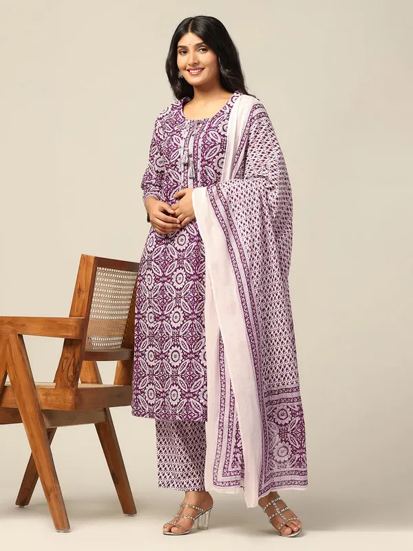 Purple_Cotton_Floral_Printed_Calf_Length_Kurta_And_Pant_With_Dupatta_Set