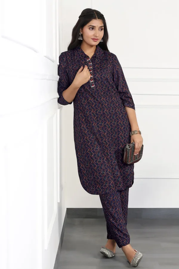 Navy_Blue_Cotton_All-Over_Printed_Calf_Length_Kurta_With_Pant_Set