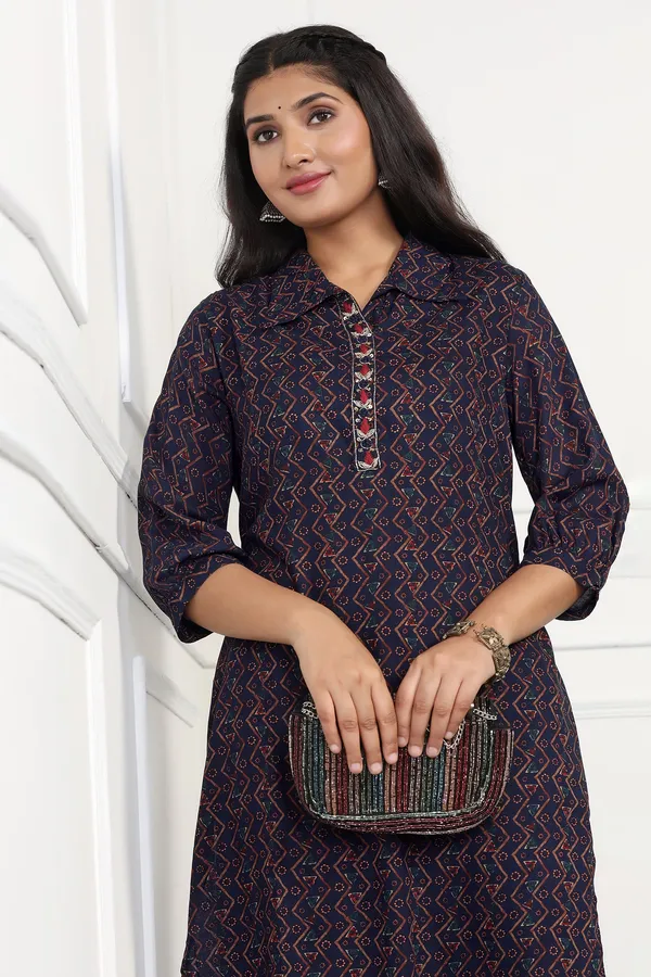 Navy_Blue_Cotton_All-Over_Printed_Calf_Length_Kurta_With_Pant_Set