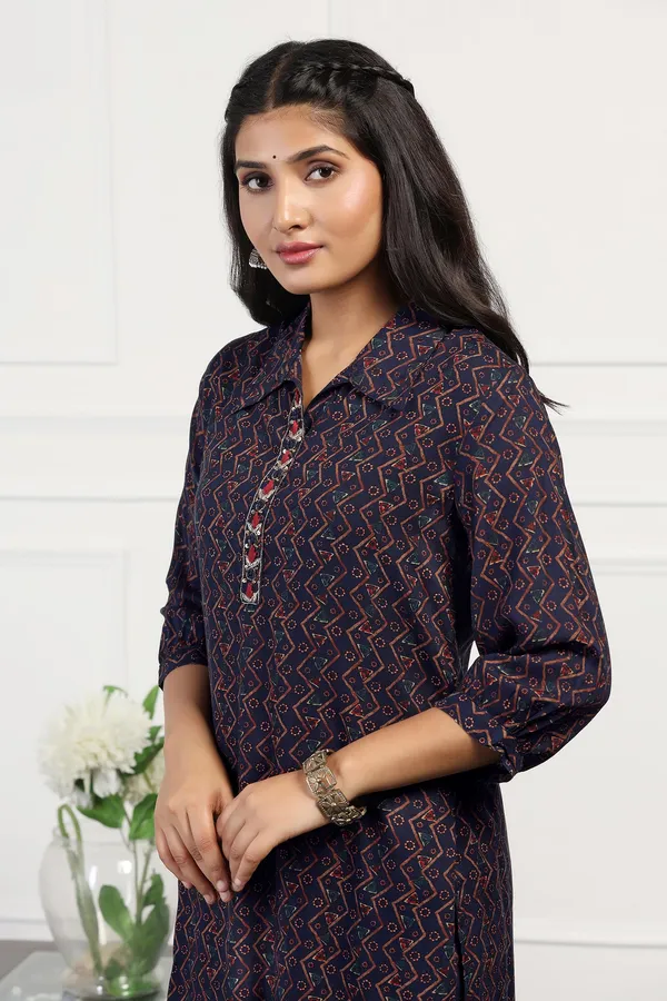 Navy_Blue_Cotton_All-Over_Printed_Calf_Length_Kurta_With_Pant_Set