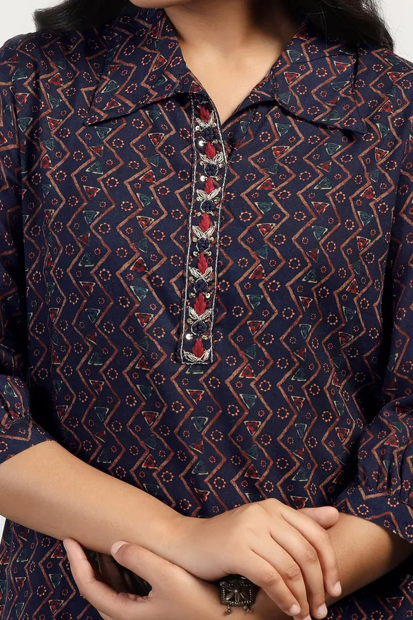 Navy_Blue_Cotton_All-Over_Printed_Calf_Length_Kurta_With_Pant_Set