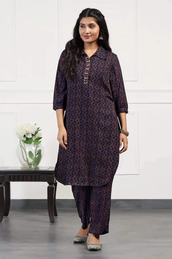 Navy_Blue_Cotton_All-Over_Printed_Calf_Length_Kurta_With_Pant_Set