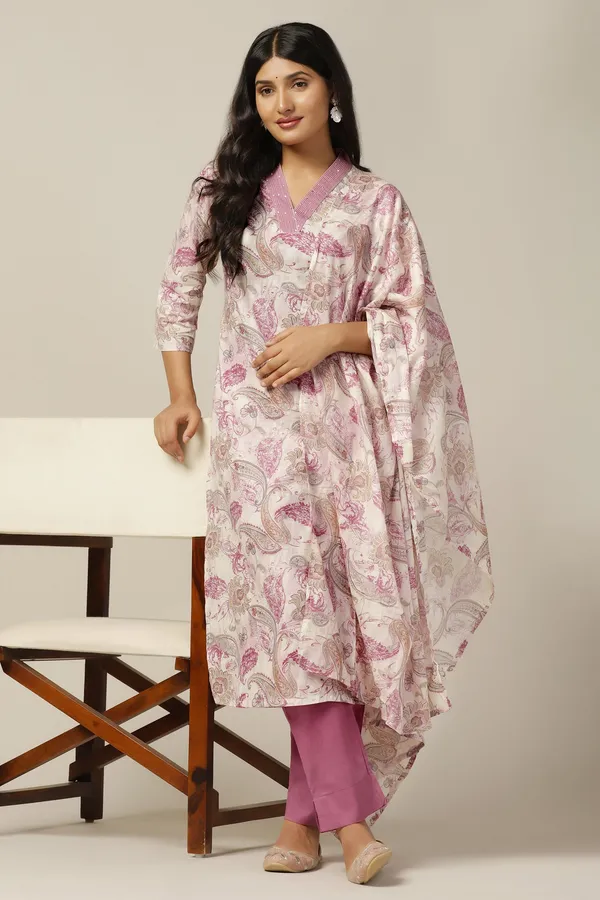 Mauve_Cotton_All-Over_Printed_Calf_Length_Kurta_And_Pant_With_Dupatta_Set