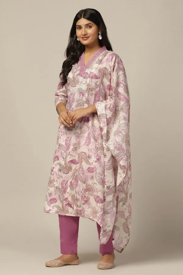Mauve_Cotton_All-Over_Printed_Calf_Length_Kurta_And_Pant_With_Dupatta_Set