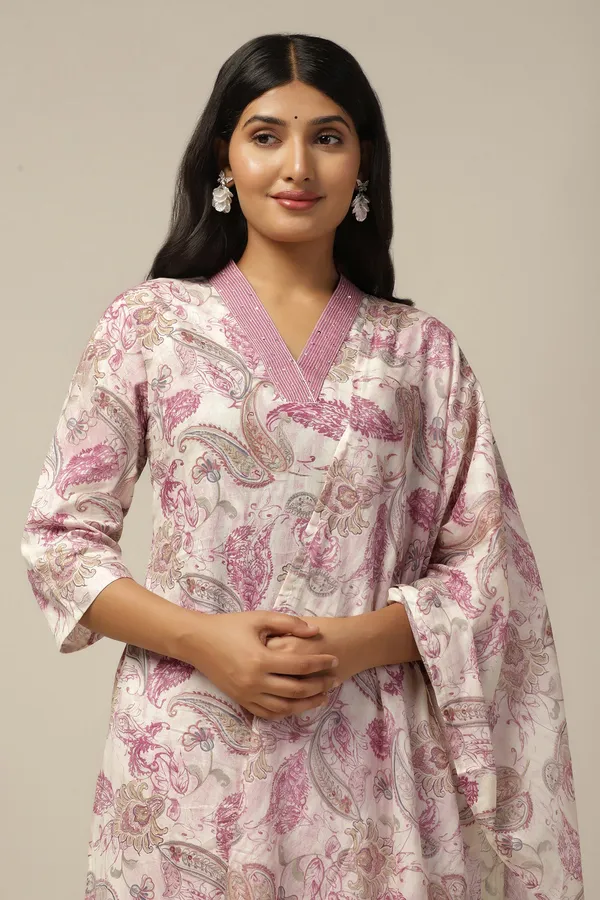 Mauve_Cotton_All-Over_Printed_Calf_Length_Kurta_And_Pant_With_Dupatta_Set