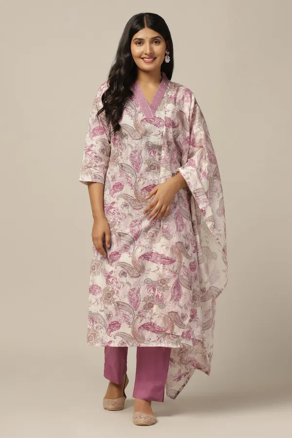 Mauve_Cotton_All-Over_Printed_Calf_Length_Kurta_And_Pant_With_Dupatta_Set