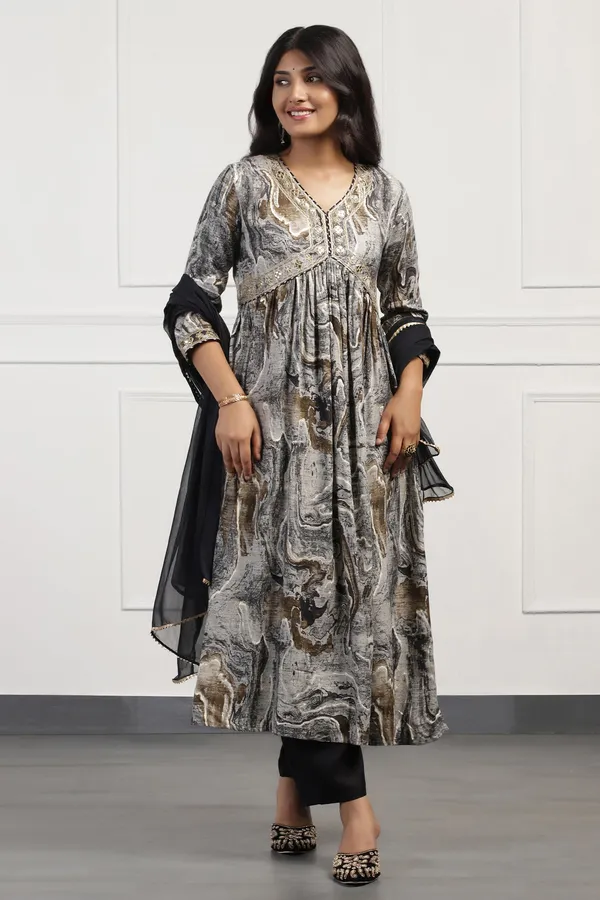 Black_Cotton_Abstract_Printed_Calf_Length_Kurta_And_Pant_With_Dupatta_Set