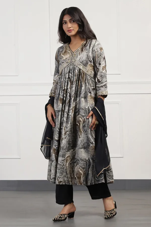 Black_Cotton_Abstract_Printed_Calf_Length_Kurta_And_Pant_With_Dupatta_Set