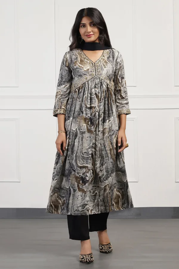 Black_Cotton_Abstract_Printed_Calf_Length_Kurta_And_Pant_With_Dupatta_Set