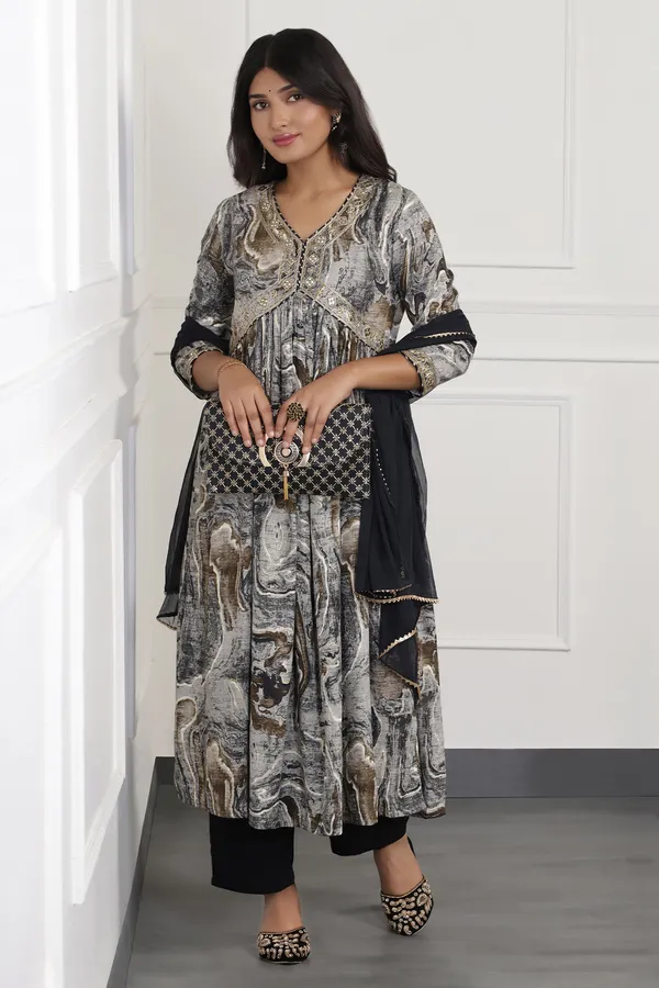 Black_Cotton_Abstract_Printed_Calf_Length_Kurta_And_Pant_With_Dupatta_Set