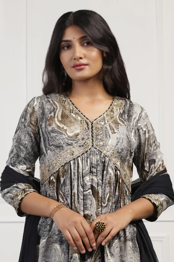 Black_Cotton_Abstract_Printed_Calf_Length_Kurta_And_Pant_With_Dupatta_Set