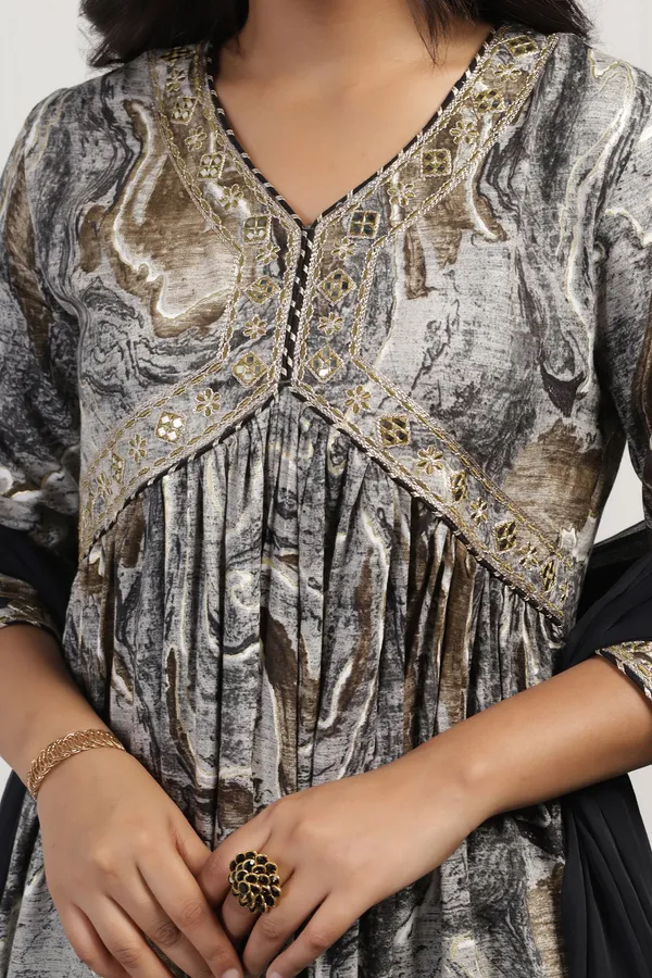 Black_Cotton_Abstract_Printed_Calf_Length_Kurta_And_Pant_With_Dupatta_Set