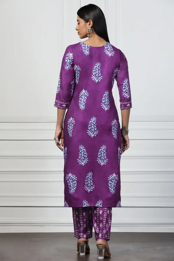 Violet_Rayon_Slub_Floral_Printed_Kurta_With_Trouser_Set_For_Women
