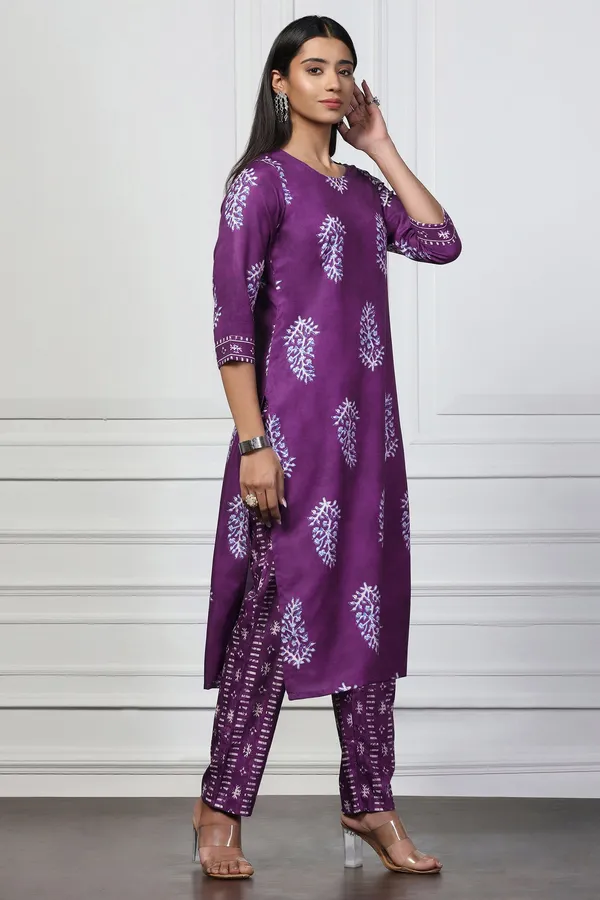 Violet_Rayon_Slub_Floral_Printed_Kurta_With_Trouser_Set_For_Women