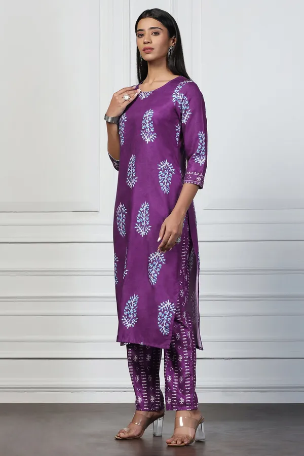 Violet_Rayon_Slub_Floral_Printed_Kurta_With_Trouser_Set_For_Women