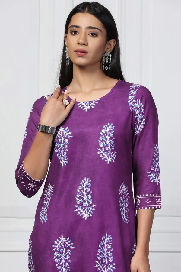 Violet_Rayon_Slub_Floral_Printed_Kurta_With_Trouser_Set_For_Women