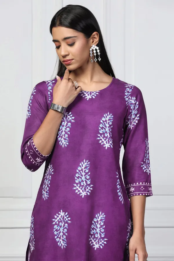 Violet_Rayon_Slub_Floral_Printed_Kurta_With_Trouser_Set_For_Women