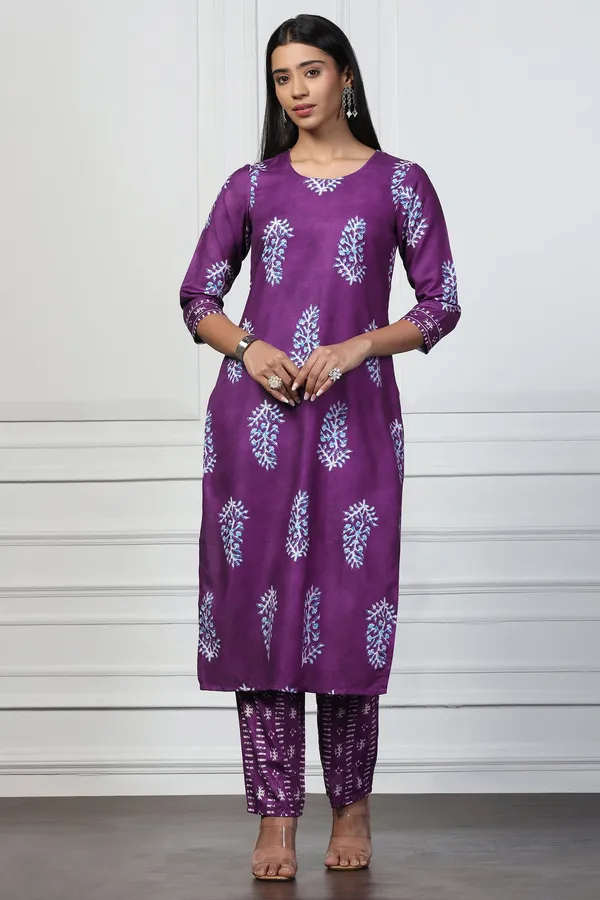 Violet_Rayon_Slub_Floral_Printed_Kurta_With_Trouser_Set_For_Women