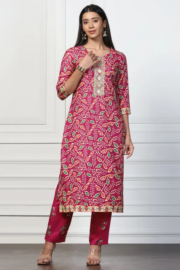 Magenta_Rayon_Slub_Floral_Printed_Calf_Length_Kurta_With_Trouser_Set_For_Women