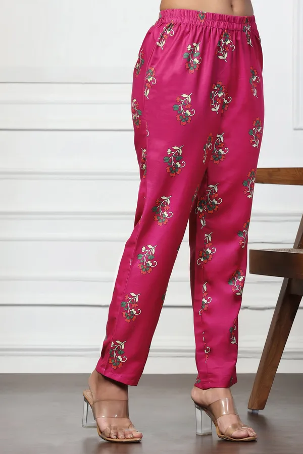 Magenta_Rayon_Slub_Floral_Printed_Calf_Length_Kurta_With_Trouser_Set_For_Women