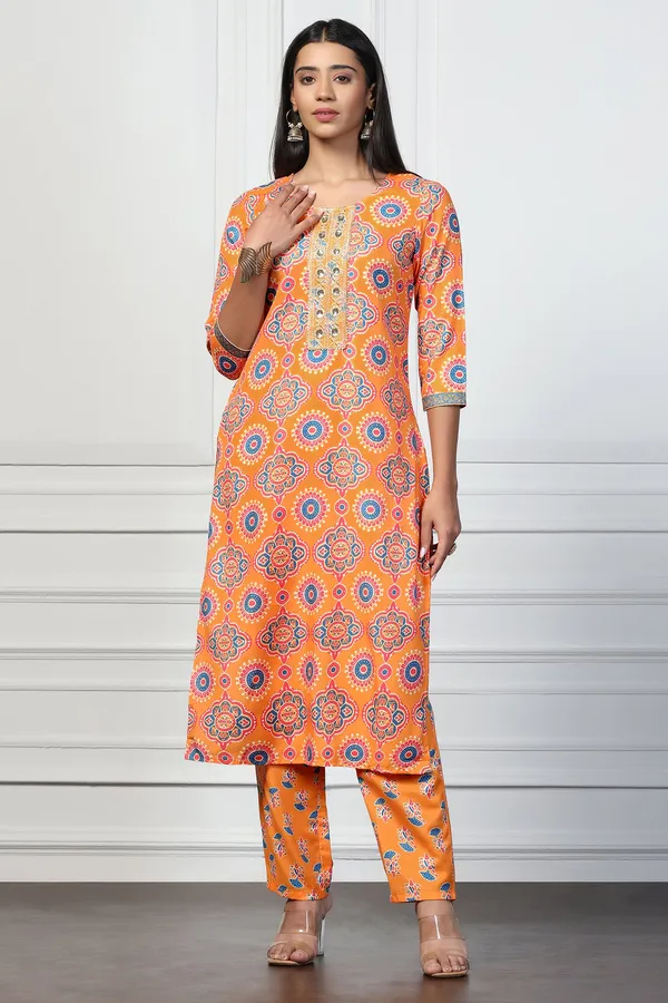 Orange_Rayon_Slub_Floral_Printed_Calf_Length_Kurta_With_Trouser_Set_For_Women
