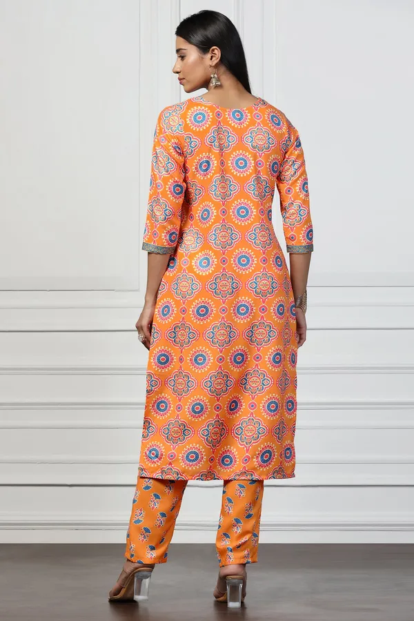 Orange_Rayon_Slub_Floral_Printed_Calf_Length_Kurta_With_Trouser_Set_For_Women