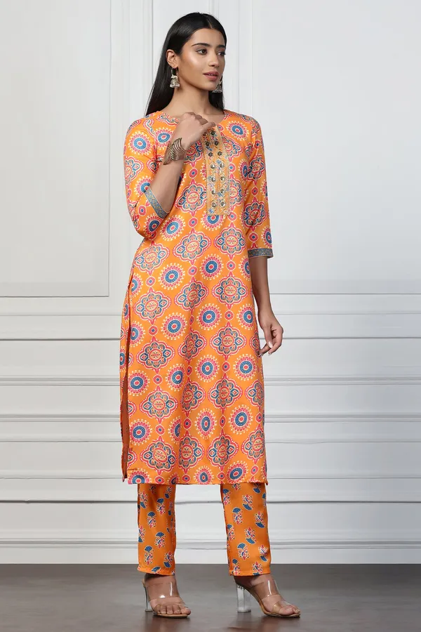 Orange_Rayon_Slub_Floral_Printed_Calf_Length_Kurta_With_Trouser_Set_For_Women