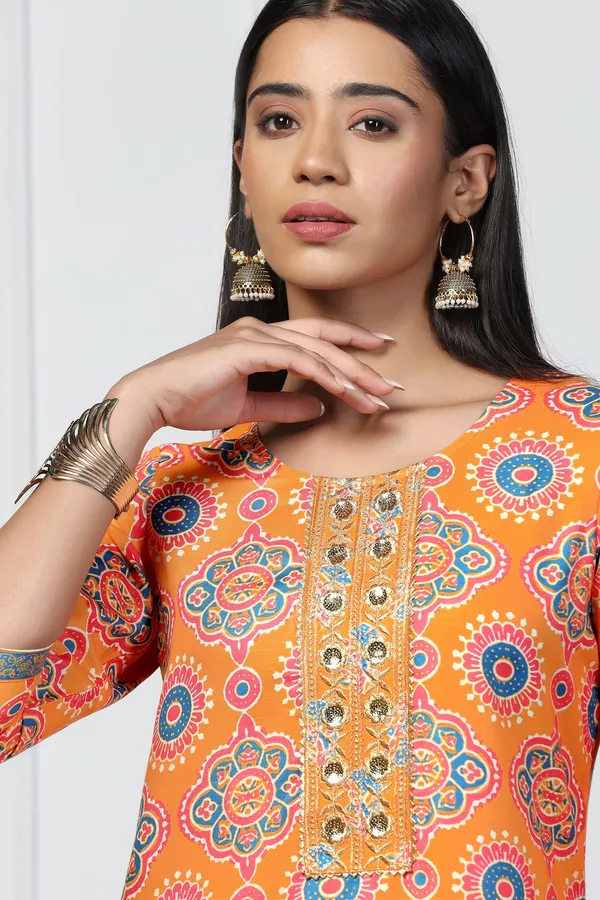 Orange_Rayon_Slub_Floral_Printed_Calf_Length_Kurta_With_Trouser_Set_For_Women